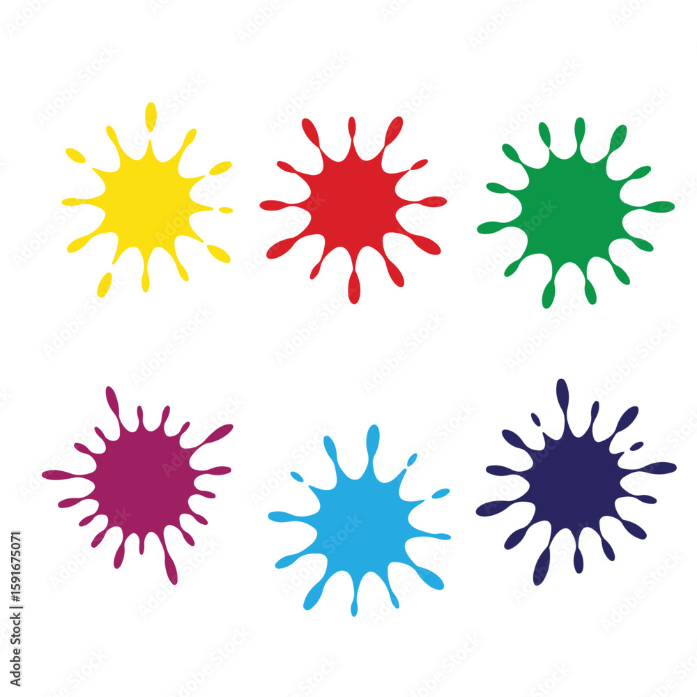 Poster a collection of six colorful paint splatters arranged in two rows on a white background evenly space