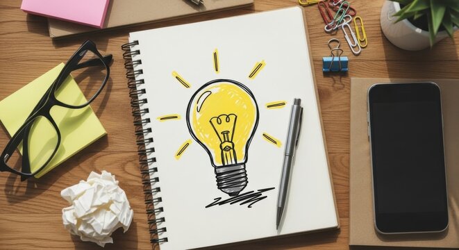 Desk with notebook drawing of a lightbulb eyeglasses phone and crumpled paper idea - Powered by Adobe