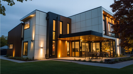Side angle of contemporary home corner roof with visible thick insulation wrap beneath exterior cladding, rainwater drainpipe, and smart outdoor lighting, ...