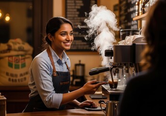 South Asian Barista Crafting a Perfect Espresso with a Warm Smile in a Cozy Coffee Shop