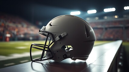 American football helmet resting on a bench under dramatic stadium lights, with a blurred field in the background.