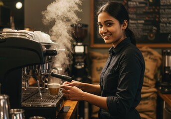 South Asian Barista Crafting a Perfect Espresso with a Warm Smile in a Cozy Coffee Shop