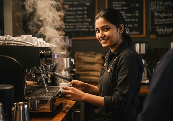 South Asian Barista Crafting a Perfect Espresso with a Warm Smile in a Cozy Coffee Shop