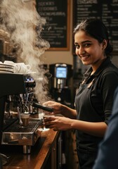 South Asian Barista Crafting a Perfect Espresso with a Warm Smile in a Cozy Coffee Shop