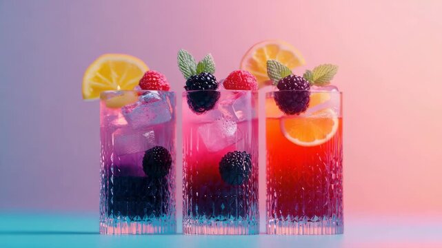 Three glasses of mixed fruit drinks with ice cubes and raspberries. One of the glasses is being poured into the other two