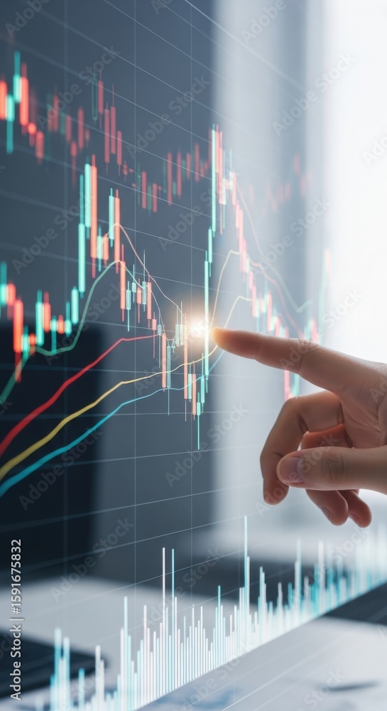 Poster finger pointing at glowing stock market candlestick chart with data analysis financial chart technol