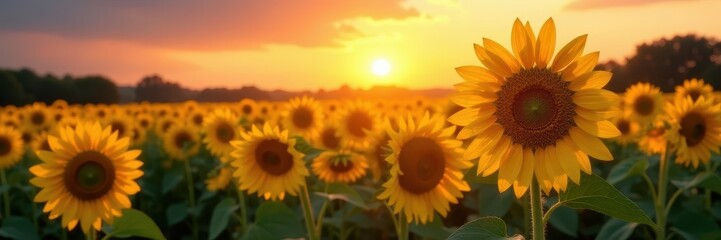 Obraz premium Massive sunflower field glowing at sunset, vibrant colors , agricultural field, expansive, yellow