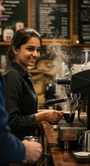 South Asian Barista Crafting a Perfect Espresso with a Warm Smile in a Cozy Coffee Shop