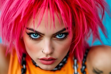 Obraz premium A woman with bright pink hair and blue eyes