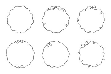 Circular Curly Line Frame Set with Bow. Hand drawn Sketchy Round Borders collection with tied knot and curl loop swirl elements. Vector illustration