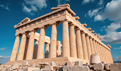 Obraz premium Ancient temple with tall columns, historical architecture, and blue sky creates majestic scene