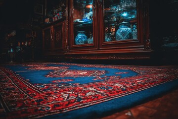 Obraz premium Antique cabinet with patterned rug in dimly lit room