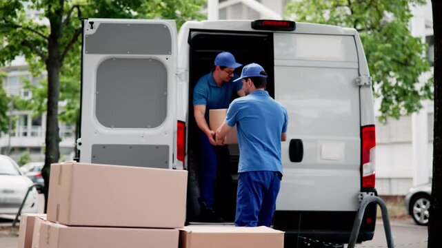 Efficient Movers Carefully Loading Boxes Into Moving Van