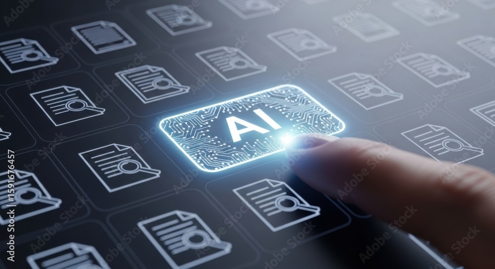 Aufkleber finger presses glowing a i button on digital interface with document icons artificial intelligence t