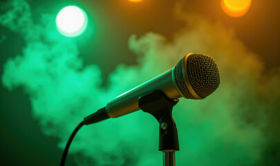 Obraz premium Microphone stands prominently against backdrop of colorful lights and smoke, creating vibrant atmosphere perfect for performances