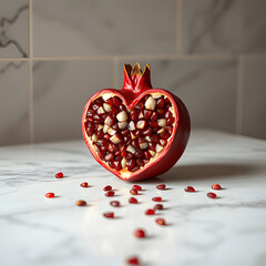 Pomegranate Cut In Heart Shape On Marble With Seed Trail