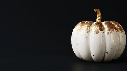 Halloween, Elegant white pumpkin with golden accents and intricate floral designs, set against a dark background, showcasing a modern and stylish autumn decoration concept