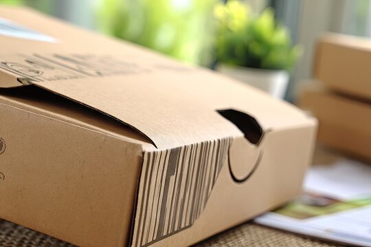 Close-up of a light brown cardboard box. Folded flap and barcode visible. Blurred background suggests office or home setting - Powered by Adobe