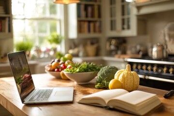 Home kitchen with laptop, vegetables, and cookbook