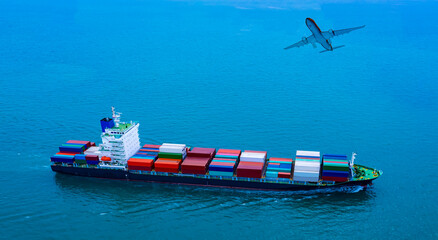 Aerial top view of Business trip with ship the partner connection Container Cargo freight ship for...