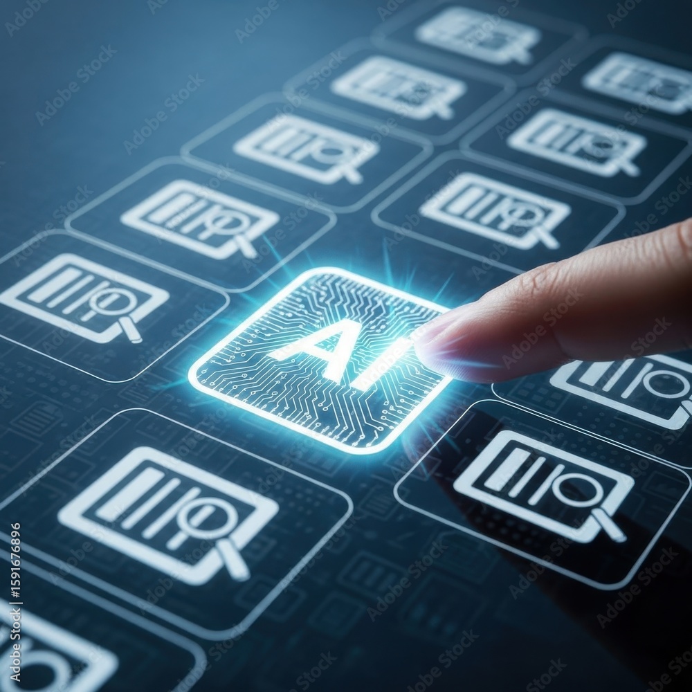 Aufkleber finger pressing glowing a i icon on digital interface with data analysis symbols artificial intellig
