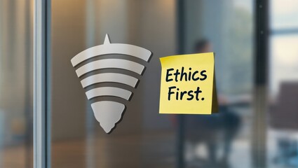 Ethics First Concept with Sticky Note on Glass Door in Modern Office Environment