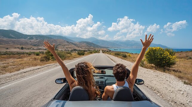 Happy couple enjoying summer vacation driving convertible car on scenic coastal road with arms raised