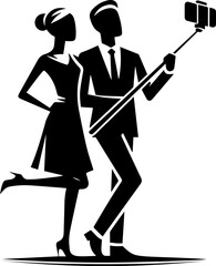 Stylish couple taking selfie with smartphone on selfie stick  