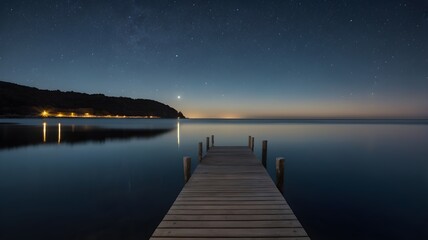 Obraz premium A wooden dock on a lake at night with the moon and stars in the sky 
