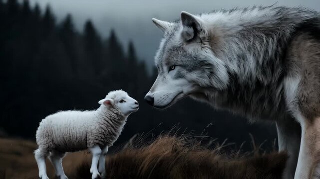 close up of side view the wolf and the lamb look at each other 