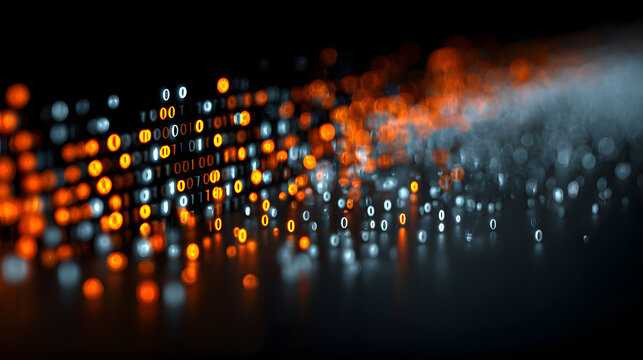 Long line of binary code is displayed in a blue and orange color scheme. Concept of technology and complexity, as the binary code represents the fundamental building blocks of digital information