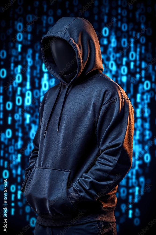 Fototapete a man in a hoodie standing in front of a blue background with binary code