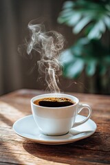Hot black coffee in white cup with rising steam on rustic wooden table in cozy morning light