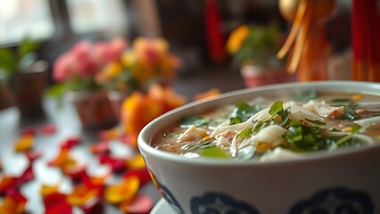 Vietnam National Day flag on silk cushion with bamboo leaves and lanterns