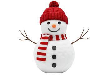 A cheerful snowman wearing a red knitted hat and scarf, with twig arms, isolated on a transparent background
