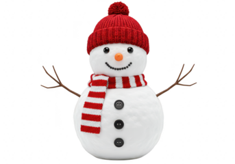 A cheerful snowman wearing a red knitted hat and scarf, with twig arms, isolated on a transparent background