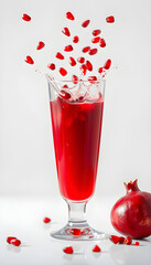Pomegranate Juice Splashing From Glass With Seeds In Motion