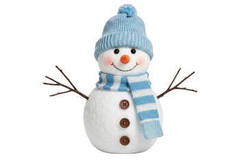 A friendly snowman dressed in a blue knitted hat and striped scarf, with twig arms, isolated on a transparent background