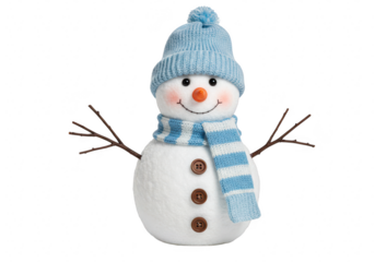 A friendly snowman dressed in a blue knitted hat and striped scarf, with twig arms, isolated on a transparent background