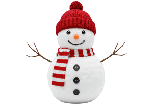 A cheerful snowman wearing a red knitted hat and scarf, with twig arms, isolated on a transparent background