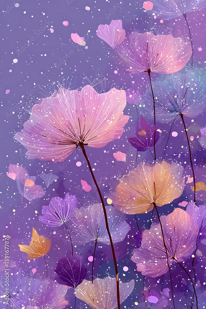 Aufkleber purple background with delicate dandelion pattern, simple flat vector design using white lines and s