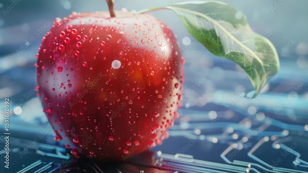 Poster sweet red apple with circuit-like patterned background, hinting at technology integration or concept
