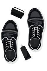 Classic Black Leather Shoes, Cleaning Accessories. Stylish Men's Formal Shoes. Polish and Brush
