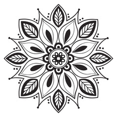 Abstract black and white floral ornament pattern with decorative sun and leaf elements for a vintage tattoo design