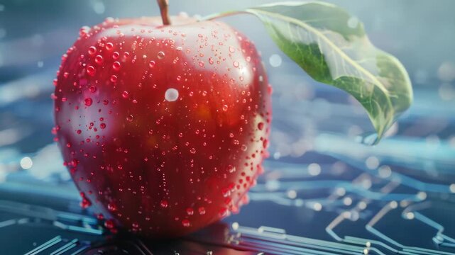 Sweet red apple with circuit-like patterned background, hinting at technology integration or concept of fruit and circuits merging.