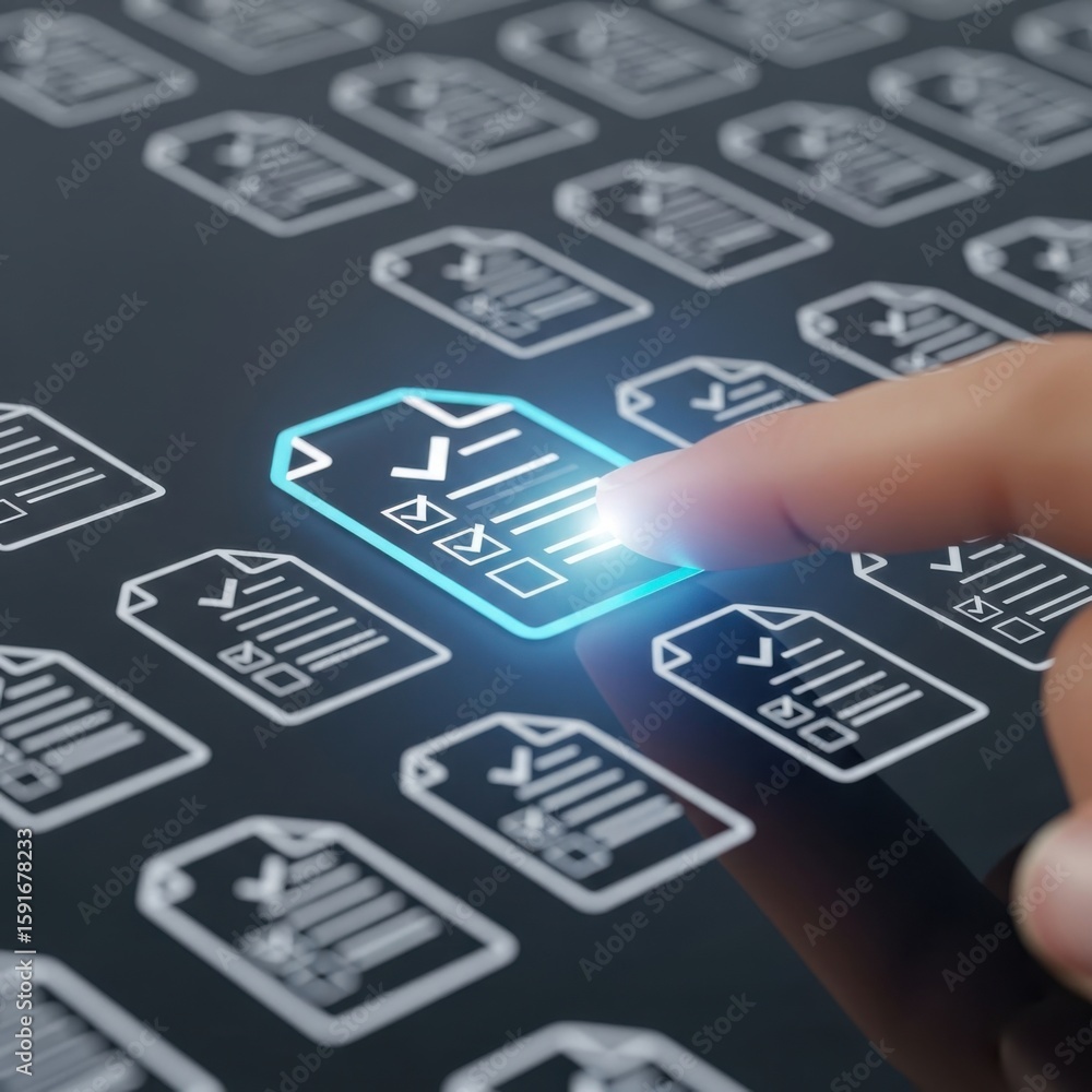 Aufkleber finger selecting glowing checklist icon on digital screen with document icons technology selection
