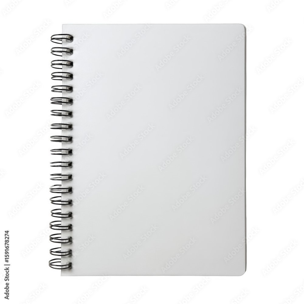 Poster isolated white spiral notebook with blank pages on a clean background for creative and artistic use