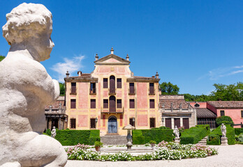View of the facade Villa Barbarigo from behind Charming of the cherub, Pizzoni Ardemani, Valsanzibio, Padua Galzignano Terme historic palace (16th-17th century).