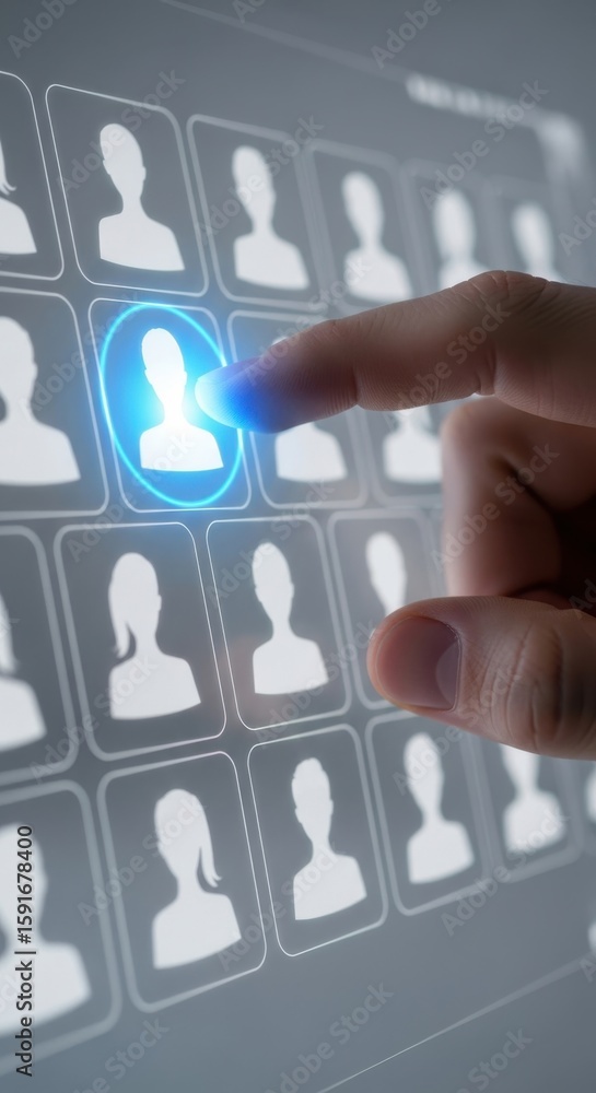 Aufkleber finger selecting glowing profile icon on digital screen with rows of user silhouettes technology int