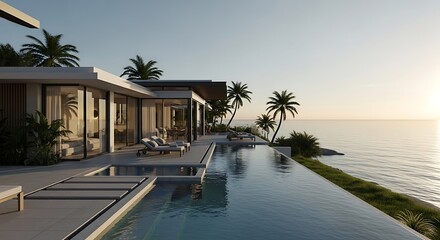 Fototapeta premium Luxury oceanfront villa with infinity pool and breathtaking coastal views at sunset